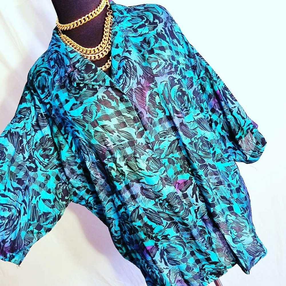 Vintage Blue Print Blouse Size 1X
